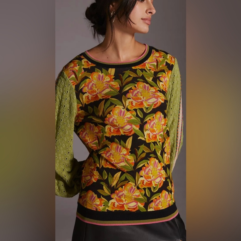 Anthropologie Bl-nk Bl^nk London Top Blouse Size Small Floral Eyelet Sleeves